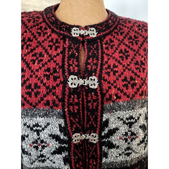 Croft & Barrow Sz L Fair Isle  Cardigan Sweater Red Wool Blend Nordic Apres Ski - Picture 4 of 13